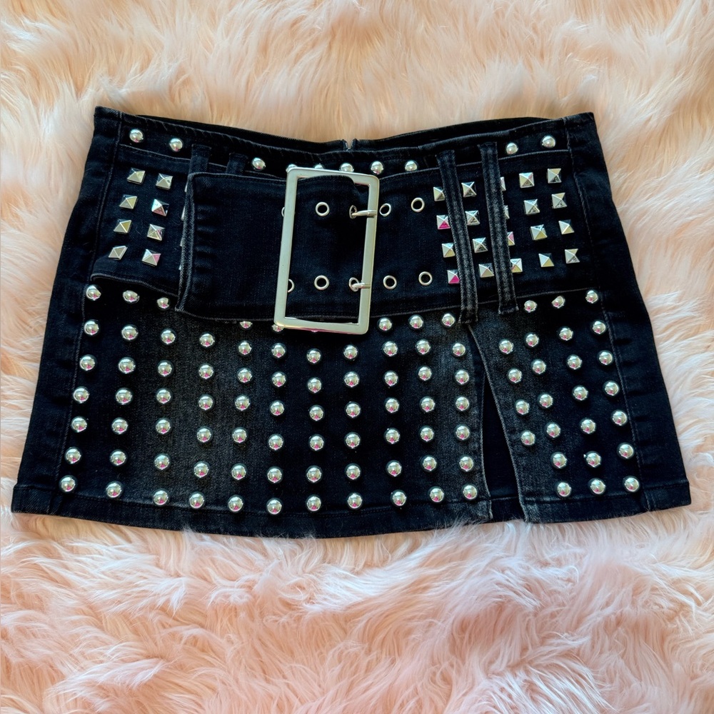 Dolls Kill Studded Black Denim Skirt
